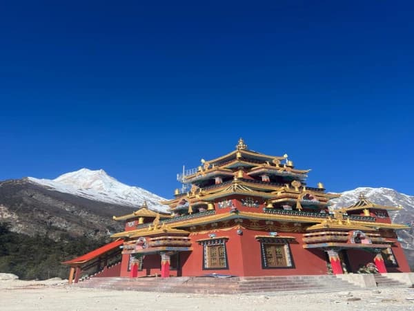 A beautiful temple seen with the mountain range